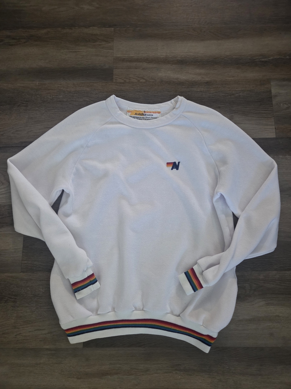 Aviator Nation White Crewneck Sweatshirt with Rainbow Trim Size S